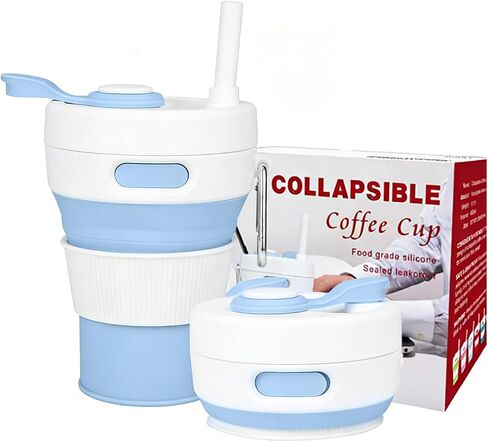 15oz Collapsible Silicone Travel Mug, Leak-Proof Reusable Water Bottle with Straw for Hot & Cold Beverages, Portable Foldable Cup for Travel Office Home, Dishwasher Safe-Straw Included in Saudi Arabia