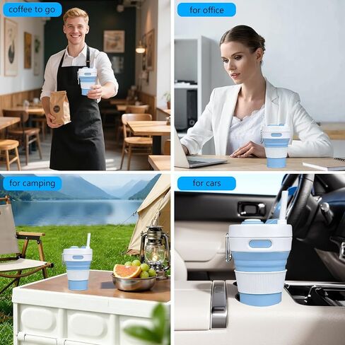 15oz Collapsible Silicone Travel Mug, Leak-Proof Reusable Water Bottle with Straw for Hot & Cold Beverages, Portable Foldable Cup for Travel Office Home, Dishwasher Safe-Straw Included in Saudi Arabia