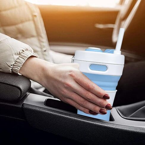 15oz Collapsible Silicone Travel Mug, Leak-Proof Reusable Water Bottle with Straw for Hot & Cold Beverages, Portable Foldable Cup for Travel Office Home, Dishwasher Safe-Straw Included in Saudi Arabia