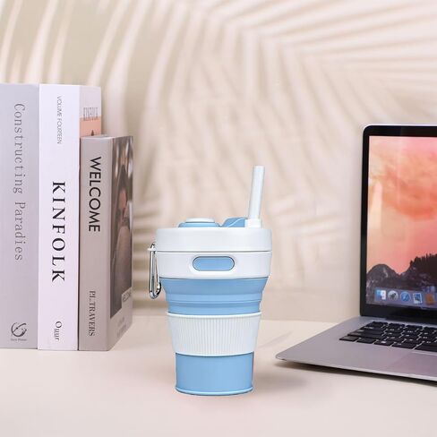 15oz Collapsible Silicone Travel Mug, Leak-Proof Reusable Water Bottle with Straw for Hot & Cold Beverages, Portable Foldable Cup for Travel Office Home, Dishwasher Safe-Straw Included in Saudi Arabia