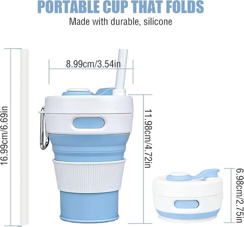 15oz Collapsible Silicone Travel Mug, Leak-Proof Reusable Water Bottle with Straw for Hot & Cold Beverages, Portable Foldable Cup for Travel Office Home, Dishwasher Safe-Straw Included in Saudi Arabia