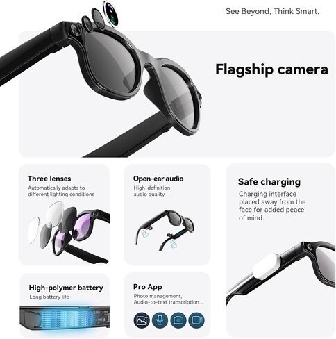 AI Smart Glasses with Camera, HD Video Recording, Real-Time Translation up to 139 Languages, Voice Assistant, Open-Ear Audio,for Travel, Sports & Daily Use in Saudi Arabia