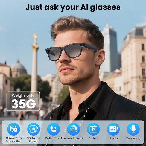 Mingtawn AI Smart Glasses 4K HD Camera, BT Call, 800W Anti-Shake Camera Glasses with Video Recording Dual Mic, Simultaneous Interpretation/GPT Identify Objects, 290mAh Photochromic Glasses（Black in Kuwait