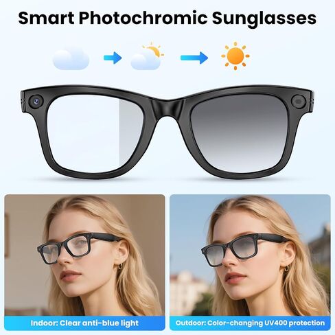 Mingtawn AI Smart Glasses 4K HD Camera, BT Call, 800W Anti-Shake Camera Glasses with Video Recording Dual Mic, Simultaneous Interpretation/GPT Identify Objects, 290mAh Photochromic Glasses（Black in Kuwait