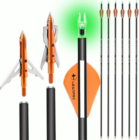 31 inch 6 Pack Hunting Carbon Arrows with 100 Grain 2 Blade Mechanical Broadheads and Lighted Nocks for Archery Compound & Recurve Bow Shaft Spine 300/350/400 Practice Arrows in Saudi Arabia