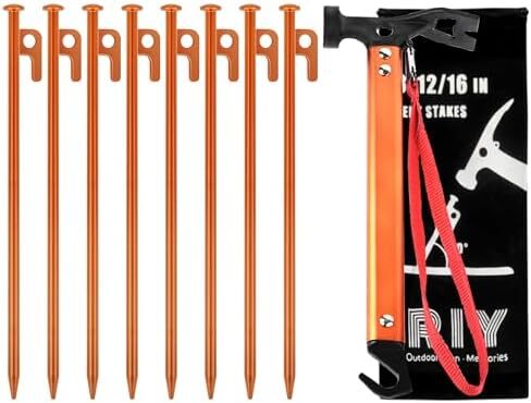 RIY Tent Stakes, 8Pcs Heavy Duty 12 Inch Steel Tent Stakes with 12 Inch Camping Hammer, Hiking Camping Kit Easy to Carry and Use in Kuwait