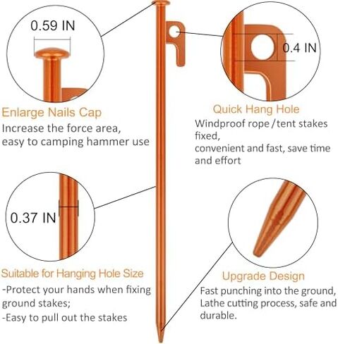 RIY Tent Stakes, 8Pcs Heavy Duty 12 Inch Steel Tent Stakes with 12 Inch Camping Hammer, Hiking Camping Kit Easy to Carry and Use in Kuwait