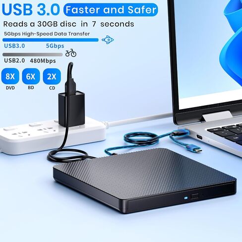 مشغل محركات أقراص Blu ray الخارجية للقراءة/الكتابة متوافق مع Bluray Burner USB 3.0 / Type-C BD DVD CD Burner مشغل Blu ray للكمبيوتر الشخصي وWindows 7-11 وMac (أسود) in Kuwait