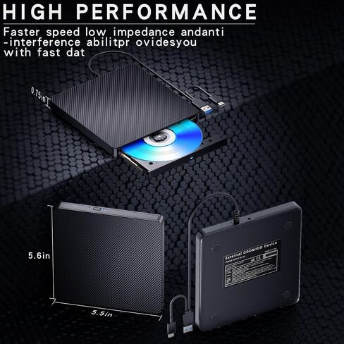 مشغل محركات أقراص Blu ray الخارجية للقراءة/الكتابة متوافق مع Bluray Burner USB 3.0 / Type-C BD DVD CD Burner مشغل Blu ray للكمبيوتر الشخصي وWindows 7-11 وMac (أسود) in Kuwait