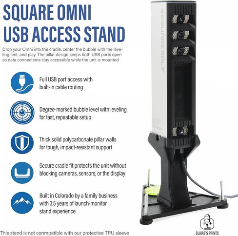 Claire's Prints Tripod Replacement Stand for Square Golf Omni Launch Monitor, Polycarbonate Pillar with USB Port Access and Cable Routing, Bubble Level and Adjustable Feet, Wide Stable Base in Kuwait