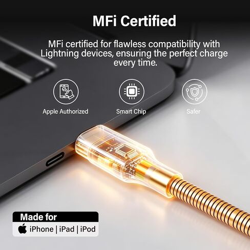 6.6FT Chew Proof USB to Lightning Cable, Pet Proof iPhone Charging Cord, MFi Certified Fast Charging Lightning Cable, Metal Braided iPhone Charger Cable for iPhone 14/13/12/11/XS/XR, Orange in Saudi Arabia