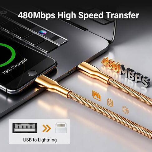 6.6FT Chew Proof USB to Lightning Cable, Pet Proof iPhone Charging Cord, MFi Certified Fast Charging Lightning Cable, Metal Braided iPhone Charger Cable for iPhone 14/13/12/11/XS/XR, Orange in Saudi Arabia