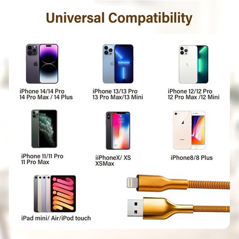 6.6FT Chew Proof USB to Lightning Cable, Pet Proof iPhone Charging Cord, MFi Certified Fast Charging Lightning Cable, Metal Braided iPhone Charger Cable for iPhone 14/13/12/11/XS/XR, Orange in Saudi Arabia