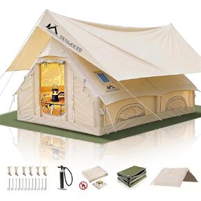 Inflatable Camping Tents 4/6/8/10 Person, Large Inflatable Hot Tent with Stove Jack, 4 Season Blow up Tent with Waterproof Canopy/Ground Tarp, Anti-Moisture Matress for Camping Outdoors in Saudi Arabia