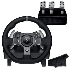 Logitech G920 Driving Force Racing Wheel and Floor Pedals for Xbox Series X|S, One, PC – Real Force Feedback, Hand-Stitched Leather, Stainless Steel Paddle Shifters with Signature Series Microfiber Lens Cloth in Kuwait