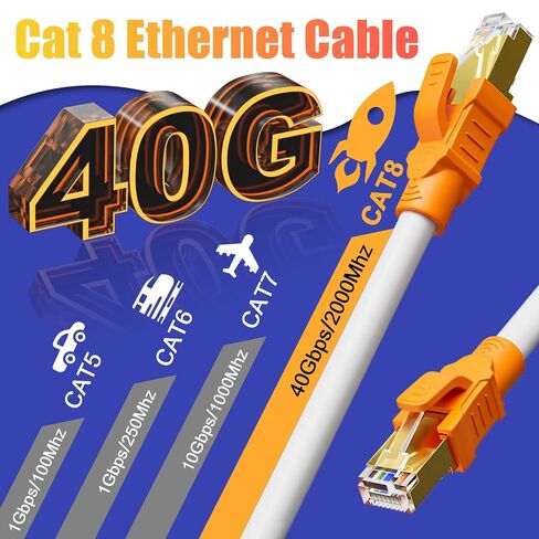 Soibke Cat 8 Ethernet Cable 100ft, Cat 8 Outdoor Network Cable 100 ft, 26AWG Heavy Duty High Speed 40Gbps 2000Mhz with Gold Plated RJ45 Connector, Solid Copper Internet Cable for Router, 30 Clips in Saudi Arabia