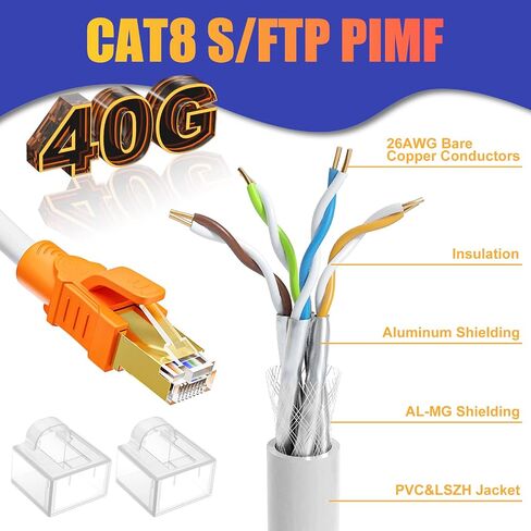 Soibke Cat 8 Ethernet Cable 100ft, Cat 8 Outdoor Network Cable 100 ft, 26AWG Heavy Duty High Speed 40Gbps 2000Mhz with Gold Plated RJ45 Connector, Solid Copper Internet Cable for Router, 30 Clips in Saudi Arabia