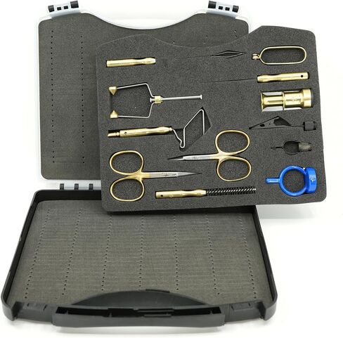 Kingfisher Fly Tying Comprehensive Tool Kit, with Case, Scissors, Bobbin, Bodkin, Whip Finisher, Hackle Plier, Hair Stacker 11 Piece, Brass in Saudi Arabia