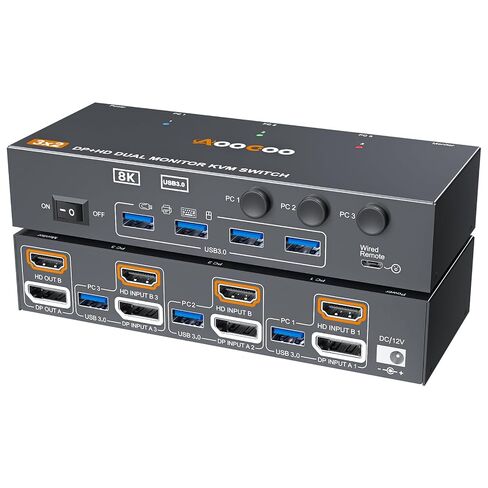 KVM Switch 2 Monitors 3 Computers 8K@60Hz/4K144Hz,DP+HDMI USB3.0 Dual Monitors KVM Switches with 4 USB 3.0 Port,Wired Remote,USB3.0 Cables Included(8K 3 PC 2 Monitor KVM) in Saudi Arabia