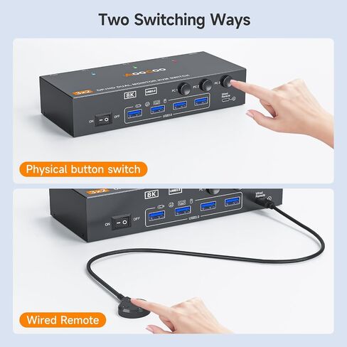 KVM Switch 2 Monitors 3 Computers 8K@60Hz/4K144Hz,DP+HDMI USB3.0 Dual Monitors KVM Switches with 4 USB 3.0 Port,Wired Remote,USB3.0 Cables Included(8K 3 PC 2 Monitor KVM) in Saudi Arabia