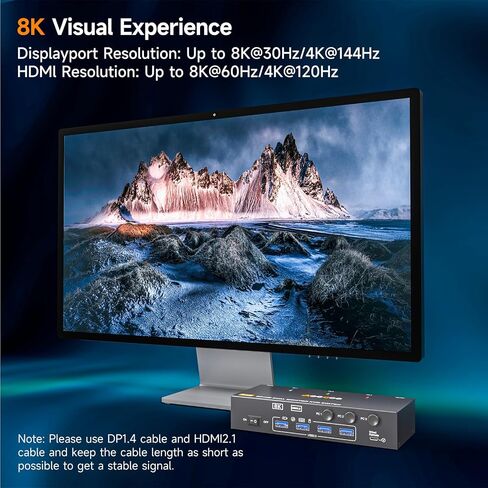 KVM Switch 2 Monitors 3 Computers 8K@60Hz/4K144Hz,DP+HDMI USB3.0 Dual Monitors KVM Switches with 4 USB 3.0 Port,Wired Remote,USB3.0 Cables Included(8K 3 PC 2 Monitor KVM) in Saudi Arabia