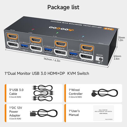 KVM Switch 2 Monitors 3 Computers 8K@60Hz/4K144Hz,DP+HDMI USB3.0 Dual Monitors KVM Switches with 4 USB 3.0 Port,Wired Remote,USB3.0 Cables Included(8K 3 PC 2 Monitor KVM) in Saudi Arabia