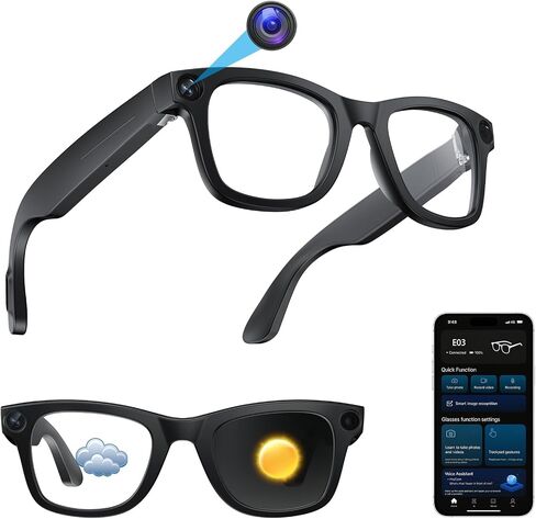 Smart Glasses with Camera, 8MP 108OP HD Video Recording Glasses with Audio, Al ChatGPT Assistant & Real-Time Translation, Bluetooth Camera Sunglasses with Voice Control for Men Women (Black) in Saudi Arabia