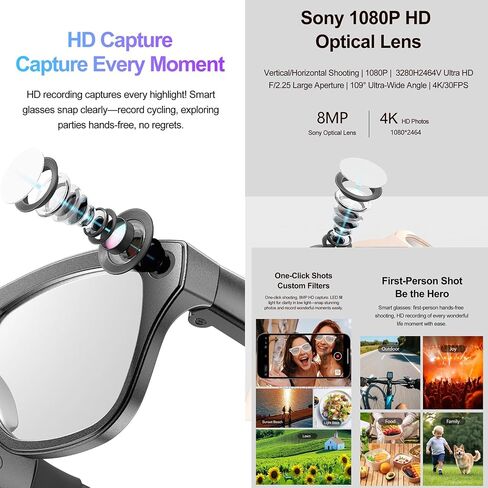 AI Smart Glasses – 1080P Camera with EIS, AI Voice Control, Bluetooth 5.4 Audio, Real-Time Translation, IP65 Waterproof, 260mAh Battery, Open-Ear Directional Sound, Lightweight for Outdoor & Daily Use in Kuwait