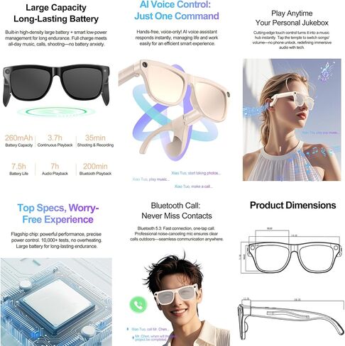 AI Smart Glasses – 1080P Camera with EIS, AI Voice Control, Bluetooth 5.4 Audio, Real-Time Translation, IP65 Waterproof, 260mAh Battery, Open-Ear Directional Sound, Lightweight for Outdoor & Daily Use in Kuwait