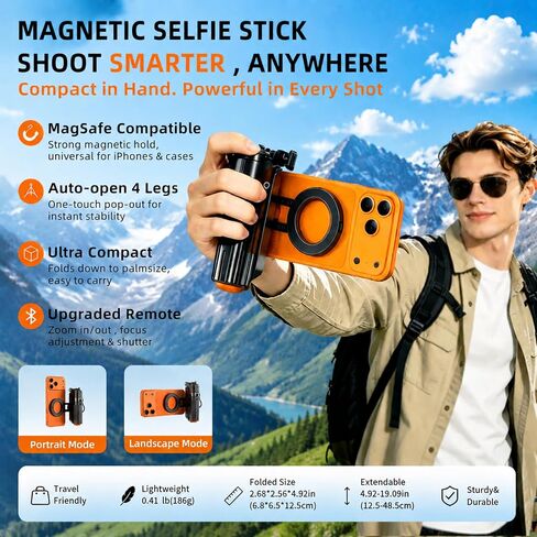 Upgraded 19" Mini Magnetic Selfie Stick for iPhone & Android, Auto-Open Pocket Size Phone Tripod with Zoom Control Remote, 360° Rotatable Portable Selfie Stick for Video Recording & Travel in Saudi Arabia
