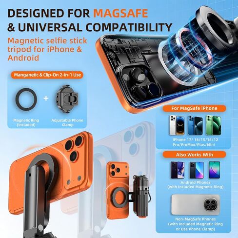 Upgraded 19" Mini Magnetic Selfie Stick for iPhone & Android, Auto-Open Pocket Size Phone Tripod with Zoom Control Remote, 360° Rotatable Portable Selfie Stick for Video Recording & Travel in Saudi Arabia