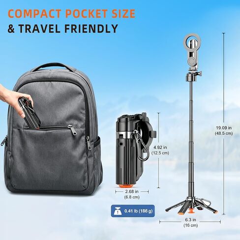 Upgraded 19" Mini Magnetic Selfie Stick for iPhone & Android, Auto-Open Pocket Size Phone Tripod with Zoom Control Remote, 360° Rotatable Portable Selfie Stick for Video Recording & Travel in Saudi Arabia