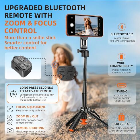 Upgraded 19" Mini Magnetic Selfie Stick for iPhone & Android, Auto-Open Pocket Size Phone Tripod with Zoom Control Remote, 360° Rotatable Portable Selfie Stick for Video Recording & Travel in Saudi Arabia