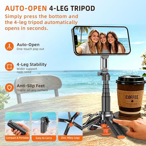 Upgraded 19" Mini Magnetic Selfie Stick for iPhone & Android, Auto-Open Pocket Size Phone Tripod with Zoom Control Remote, 360° Rotatable Portable Selfie Stick for Video Recording & Travel in Saudi Arabia