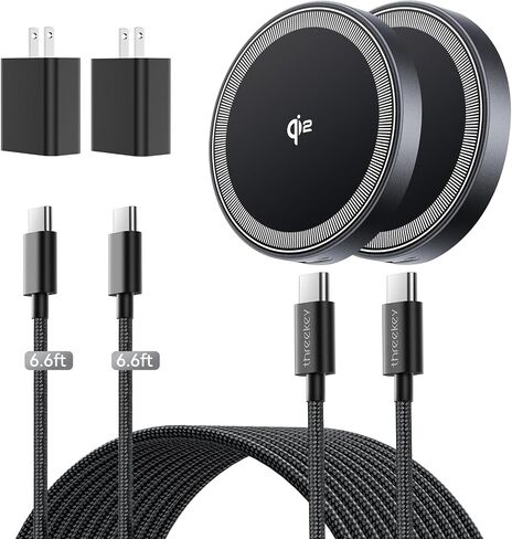 THREEKEY 15W Magnetic Wireless Charger, Qi2 Wireless Phone Charger with 6.6ft Cable Fast Charging Pad for iPhone 17 Air 16 15 14 13 12 Pro Max Airpods(20W Adapter Included), 2 Pack in Saudi Arabia