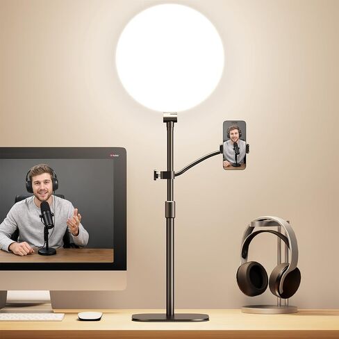 10" Full-Panel Desk Ring Light with Stand & Flexible Phone Holder, 24W 1100LM Light for Video Recording, 5 Color Modes up to 6500K, CRI 95+ for Computer, Podcast, Streaming, Zoom & Video Calls in Kuwait