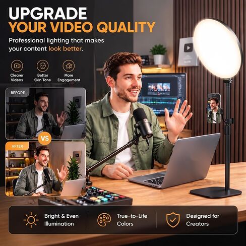 10" Full-Panel Desk Ring Light with Stand & Flexible Phone Holder, 24W 1100LM Light for Video Recording, 5 Color Modes up to 6500K, CRI 95+ for Computer, Podcast, Streaming, Zoom & Video Calls in Kuwait