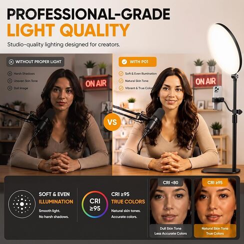 10" Full-Panel Desk Ring Light with Stand & Flexible Phone Holder, 24W 1100LM Light for Video Recording, 5 Color Modes up to 6500K, CRI 95+ for Computer, Podcast, Streaming, Zoom & Video Calls in Kuwait