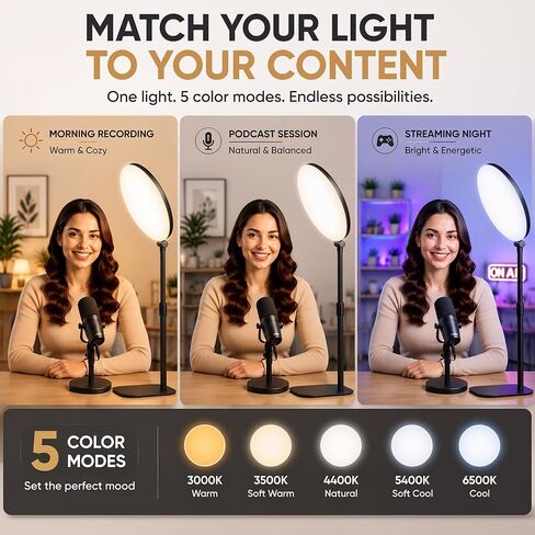 10" Full-Panel Desk Ring Light with Stand & Flexible Phone Holder, 24W 1100LM Light for Video Recording, 5 Color Modes up to 6500K, CRI 95+ for Computer, Podcast, Streaming, Zoom & Video Calls in Kuwait