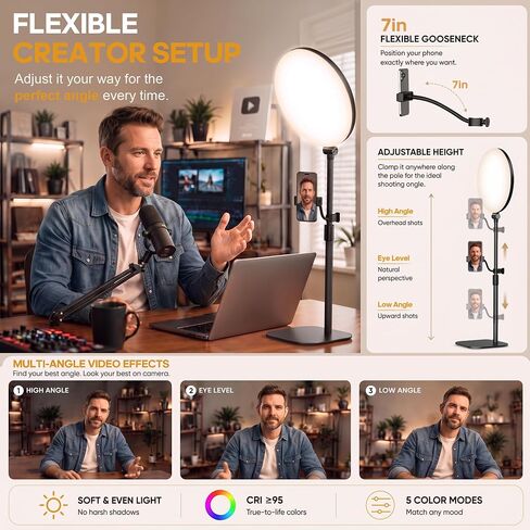 10" Full-Panel Desk Ring Light with Stand & Flexible Phone Holder, 24W 1100LM Light for Video Recording, 5 Color Modes up to 6500K, CRI 95+ for Computer, Podcast, Streaming, Zoom & Video Calls in Kuwait