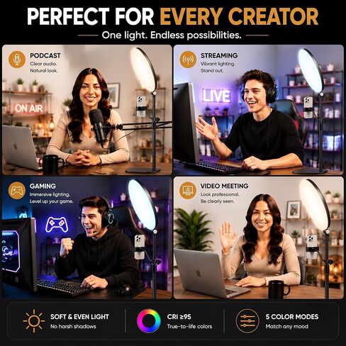 10" Full-Panel Desk Ring Light with Stand & Flexible Phone Holder, 24W 1100LM Light for Video Recording, 5 Color Modes up to 6500K, CRI 95+ for Computer, Podcast, Streaming, Zoom & Video Calls in Kuwait