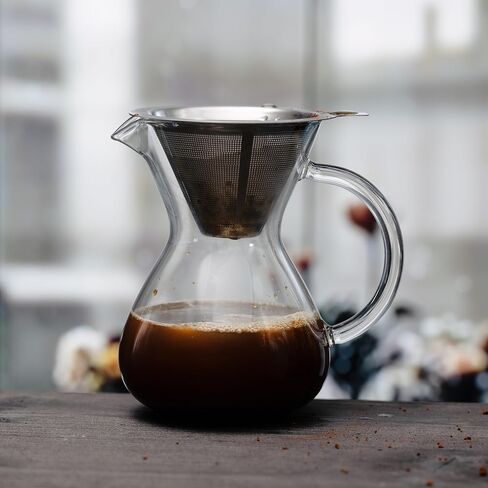 Pour Over Coffee Maker 2 Cup 16oz Borosilicate Glass Carafe with Stainless Steel Reusable Filter, Manual Drip Brewer, Paperless Coffee Pot for Home Kitchen Cafe in Kuwait