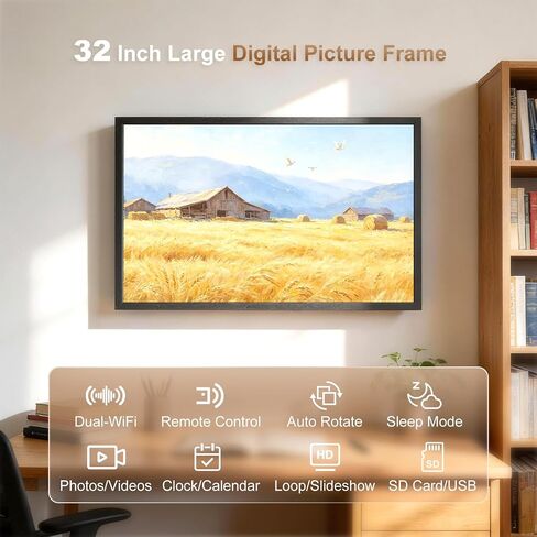 إطار صور رقمي مقاس 32 بوصة - إطار صور كبير - FHD IPS، واي فاي مزدوج، جهاز تحكم عن بعد، شاشة مزامنة الهاتف الذكي، تحميل الصورة من الهاتف عبر البريد الإلكتروني التطبيق، سحابة مجانية، مثبت على الحائط لمعرض الصور ديكور المنزل in Kuwait
