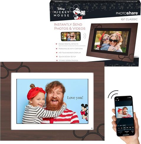 إطار الصور الرقمي Disney Classic Mickey Mouse Photoshare مقاس 10 بوصات بتقنية WiFi | أرسل الصورة أو الفيديو من الهاتف إلى إطار الصورة الرقمية مع تطبيق PhotoShare Frame v2 المجاني | التشفير الشامل | خشب الإسبريسو in Kuwait