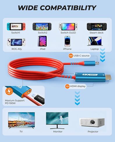 Switch 2 Dock, Switch 2 TV Adapter - 4K@60Hz Play While 100W PD Charging USB C to HDMI Adapter for Nintendo Switch Dock, 6.6ft Portable Travel TV Cable for NintendoSwitch 2/1/Steam Deck/OLED in Kuwait