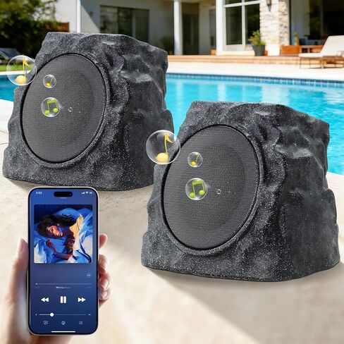 uuffoo 2-Pack Rock Speakers Outdoor Waterproof with RGB Color Lights Multi-Sync Up to 100 Speakers,Auto-Pairing,Solar-Powered and USB Charging for Patio Pool Party Yard Garden Outside in Kuwait