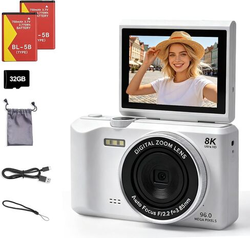 8K Digital Camera, 96MP Autofocus Vlog Camera with 180° Flip Screen, WiFi Wireless Transfer, Slow Motion & Time Lapse, Portable Compact Camera for Photography Video Vlogging Teens Beginners in Saudi Arabia