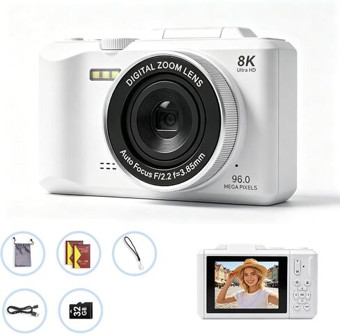 8K Digital Camera, 96MP Autofocus Vlog Camera with 180° Flip Screen, WiFi Wireless Transfer, Slow Motion & Time Lapse, Portable Compact Camera for Photography Video Vlogging Teens Beginners in Saudi Arabia