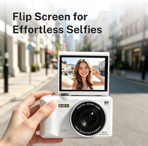 8K Digital Camera, 96MP Autofocus Vlog Camera with 180° Flip Screen, WiFi Wireless Transfer, Slow Motion & Time Lapse, Portable Compact Camera for Photography Video Vlogging Teens Beginners in Saudi Arabia
