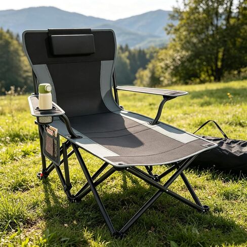 Suteck Camping Chair with Foot Rest, Reclining Folding Beach Chairs, Black in Kuwait